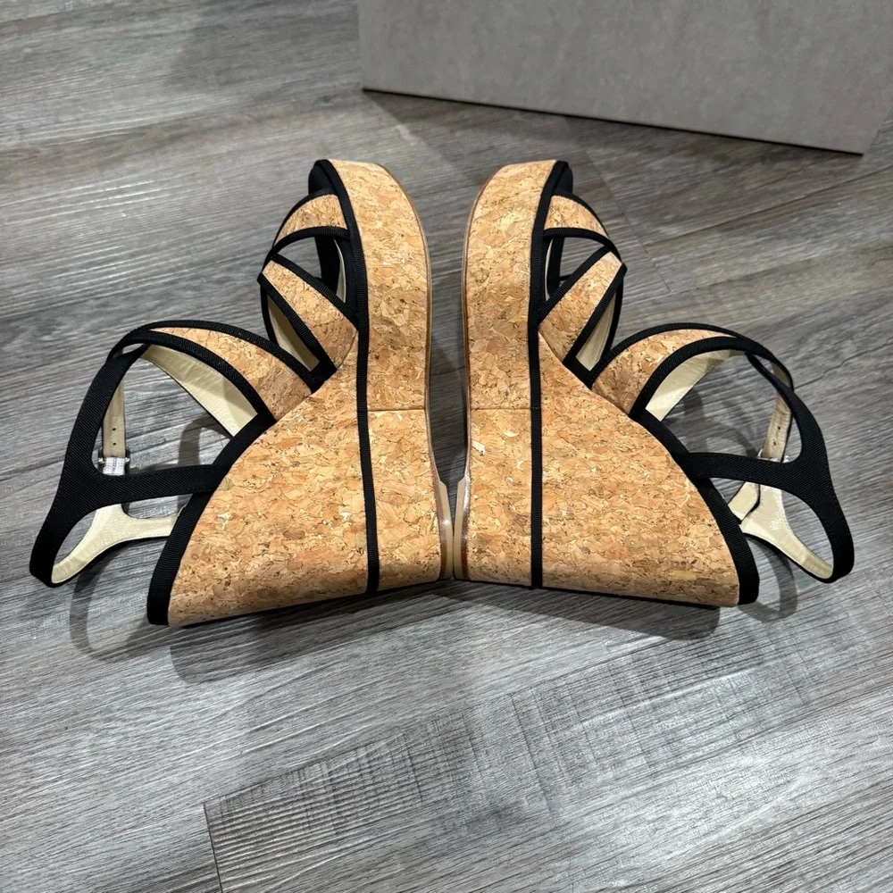 Jimmy Choo Alissa 120 Natural Black Cork Grossgrain Wedges